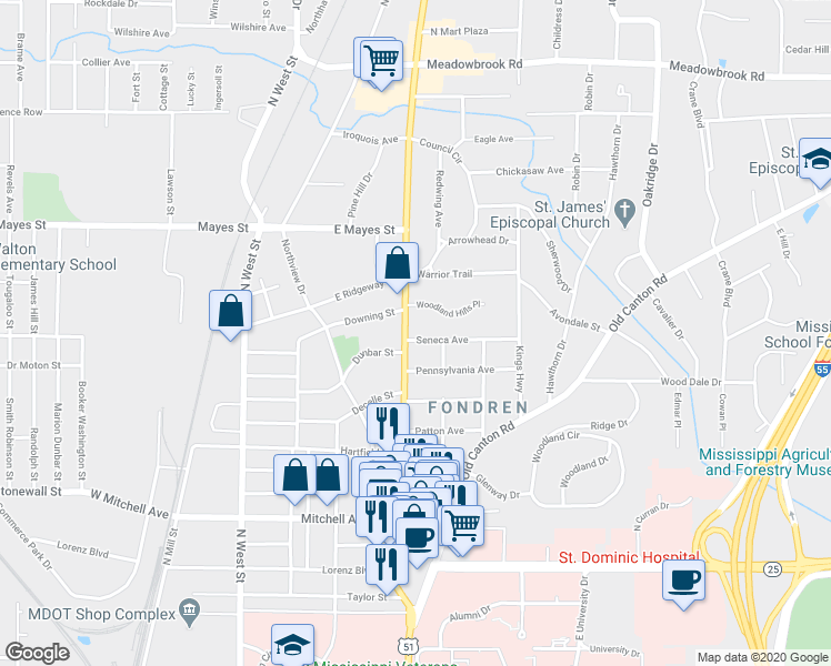 map of restaurants, bars, coffee shops, grocery stores, and more near 3718 North State Street in Jackson