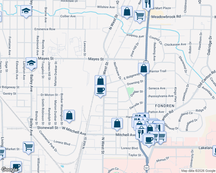 map of restaurants, bars, coffee shops, grocery stores, and more near 307 East Ridgeway Street in Jackson