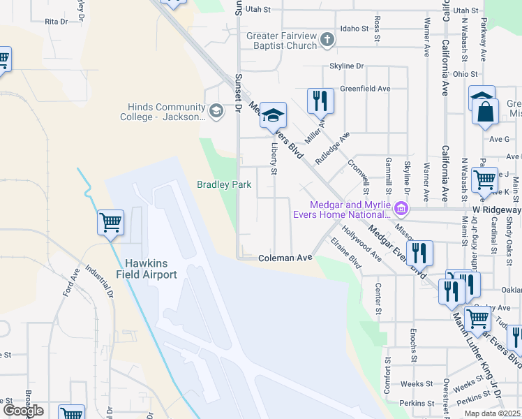 map of restaurants, bars, coffee shops, grocery stores, and more near 3635 Hancock Street in Jackson