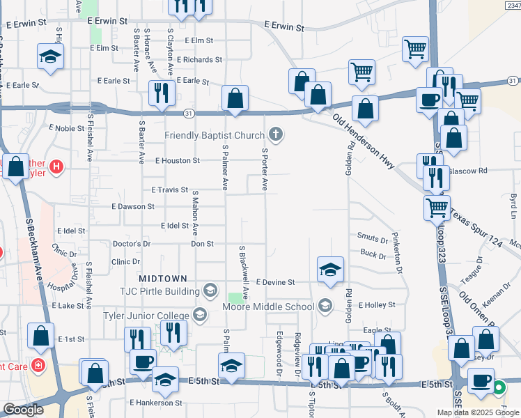 map of restaurants, bars, coffee shops, grocery stores, and more near 725 South Porter Avenue in Tyler