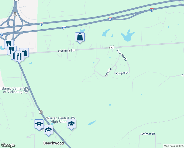 map of restaurants, bars, coffee shops, grocery stores, and more near 306 Rancho Road in Vicksburg