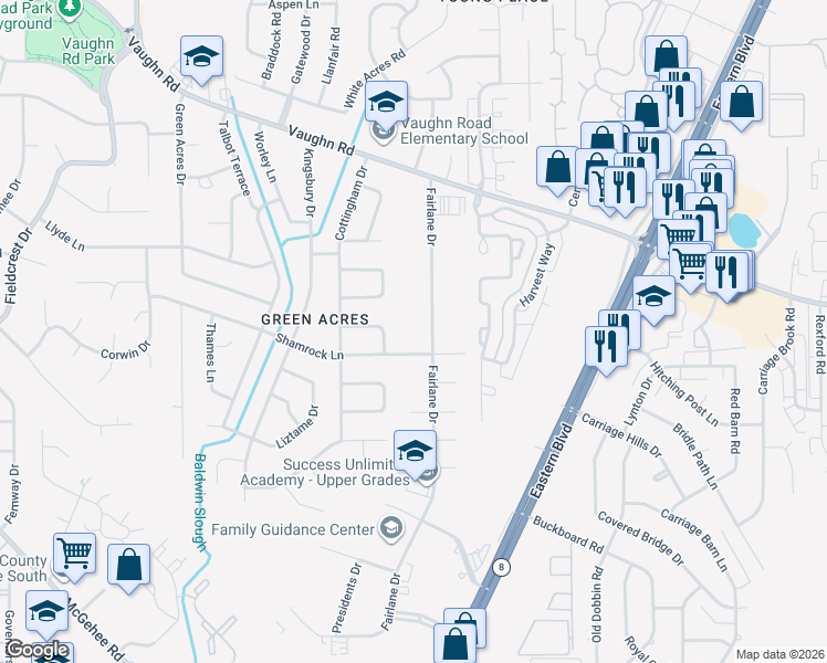 map of restaurants, bars, coffee shops, grocery stores, and more near 40 Fairlane Drive in Montgomery