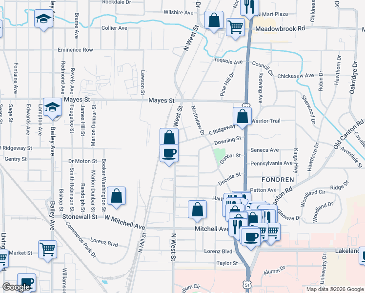 map of restaurants, bars, coffee shops, grocery stores, and more near 307 East Ridgeway Street in Jackson