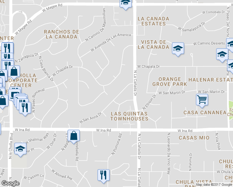 map of restaurants, bars, coffee shops, grocery stores, and more near 7419 North San Anna Drive in Tucson