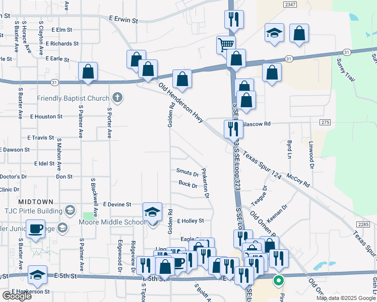 map of restaurants, bars, coffee shops, grocery stores, and more near 2328 Pinkerton Drive in Tyler