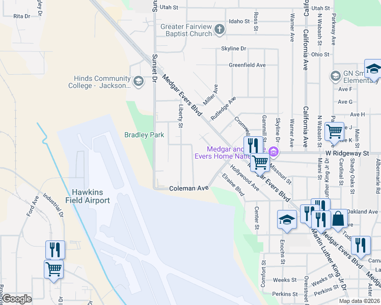 map of restaurants, bars, coffee shops, grocery stores, and more near 3655 Horton Street in Jackson