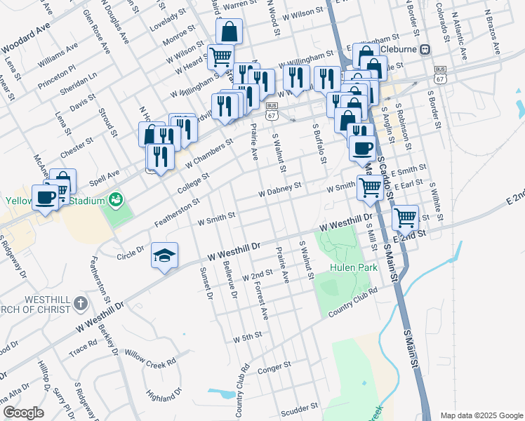 map of restaurants, bars, coffee shops, grocery stores, and more near 404 Prairie Avenue in Cleburne