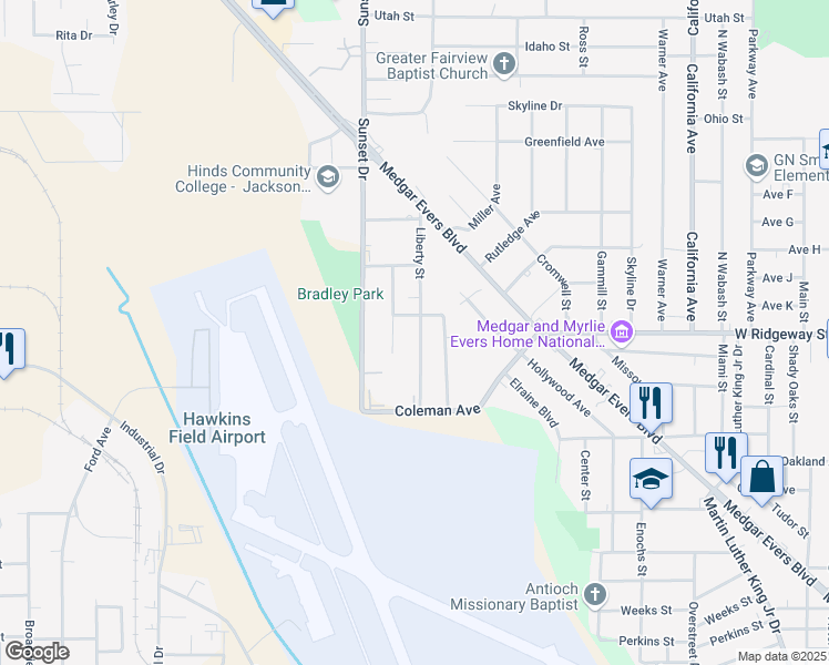 map of restaurants, bars, coffee shops, grocery stores, and more near 3665 Liberty Street in Jackson