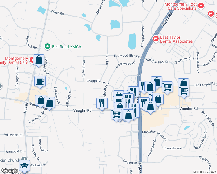 map of restaurants, bars, coffee shops, grocery stores, and more near 1701 Laurelwood Ln in Montgomery