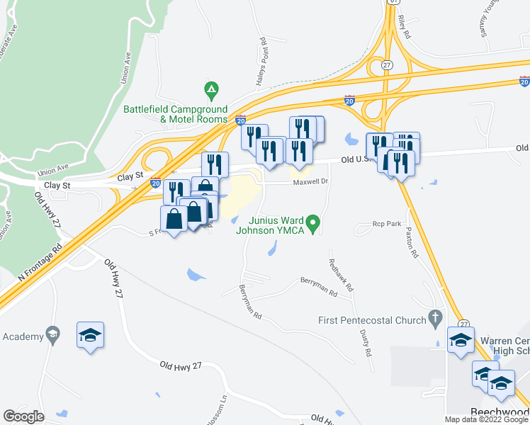 map of restaurants, bars, coffee shops, grocery stores, and more near 151 Berryman Road in Vicksburg