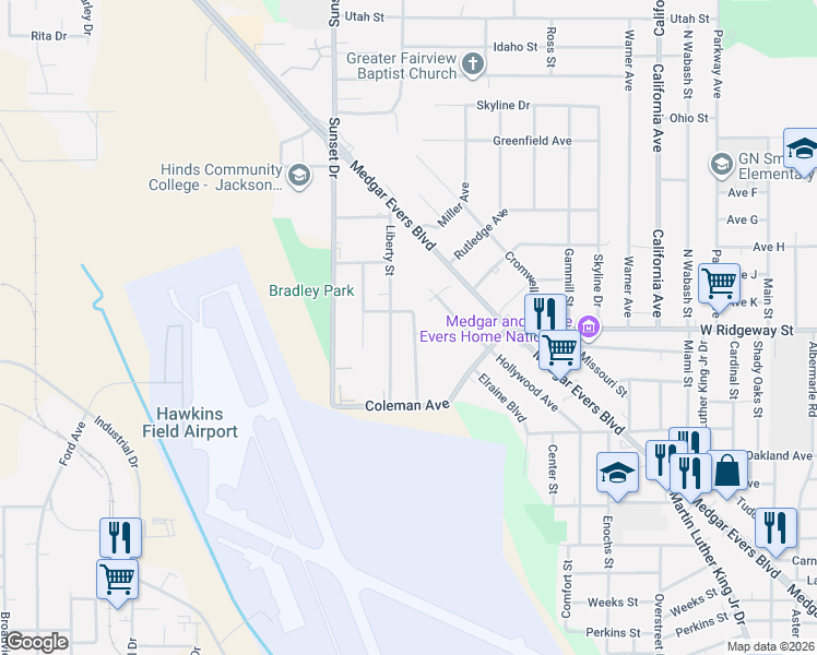 map of restaurants, bars, coffee shops, grocery stores, and more near 3655 Horton Street in Jackson
