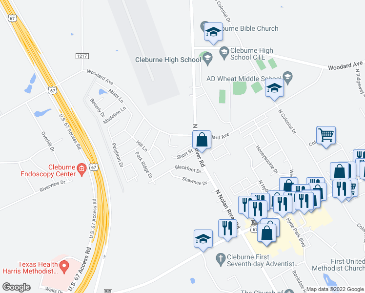 map of restaurants, bars, coffee shops, grocery stores, and more near 1700 Overland Drive in Cleburne