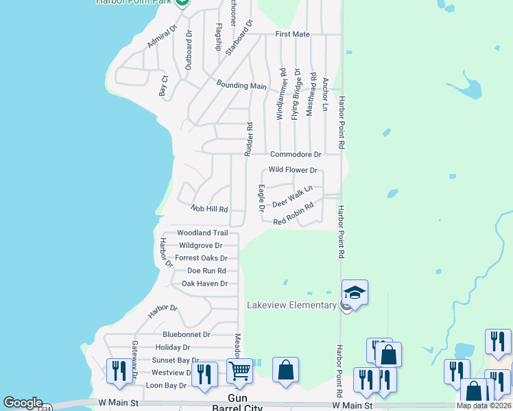 map of restaurants, bars, coffee shops, grocery stores, and more near 113 Eagle Drive in Gun Barrel City