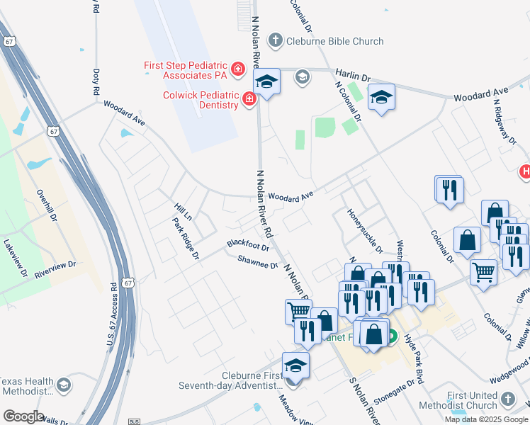map of restaurants, bars, coffee shops, grocery stores, and more near 704 North Nolan River Road in Cleburne