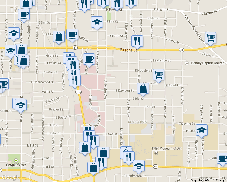 map of restaurants, bars, coffee shops, grocery stores, and more near 1127 East Dawson Street in Tyler