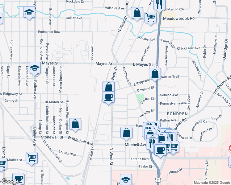 map of restaurants, bars, coffee shops, grocery stores, and more near 307 East Ridgeway Street in Jackson