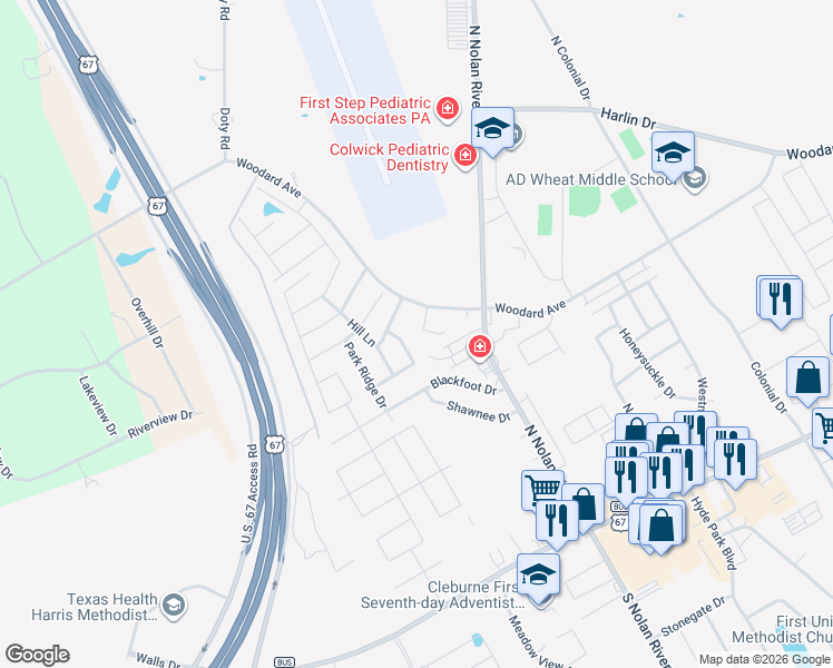 map of restaurants, bars, coffee shops, grocery stores, and more near 701 Miracle Lane in Cleburne