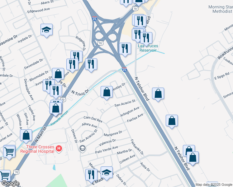 map of restaurants, bars, coffee shops, grocery stores, and more near 2424 Bugatti Drive in Las Cruces
