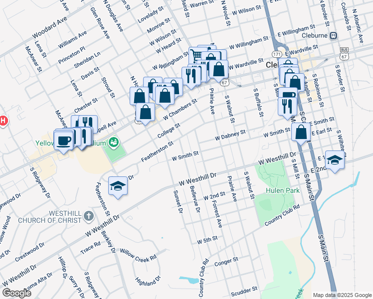map of restaurants, bars, coffee shops, grocery stores, and more near 111 Bellevue Dr in Cleburne