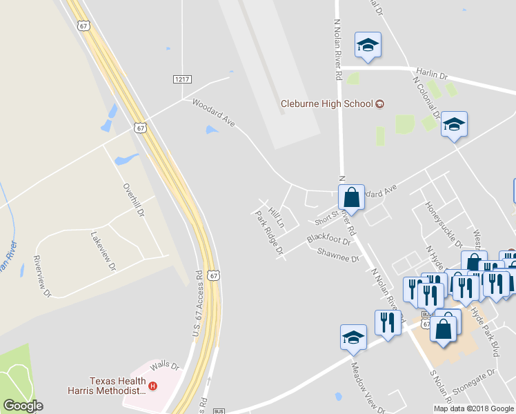 map of restaurants, bars, coffee shops, grocery stores, and more near 705 Wolf Creek in Cleburne