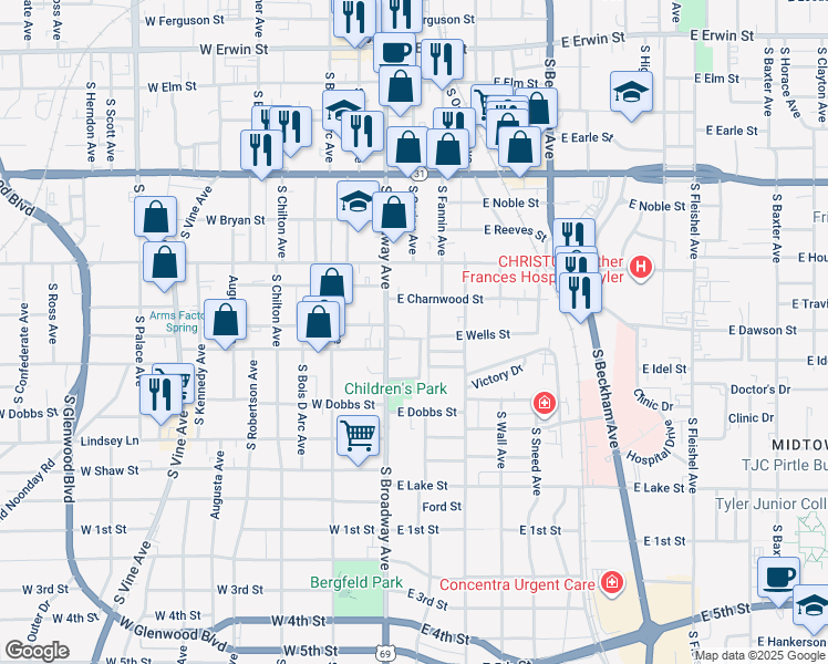 map of restaurants, bars, coffee shops, grocery stores, and more near 110 Rowland Place in Tyler
