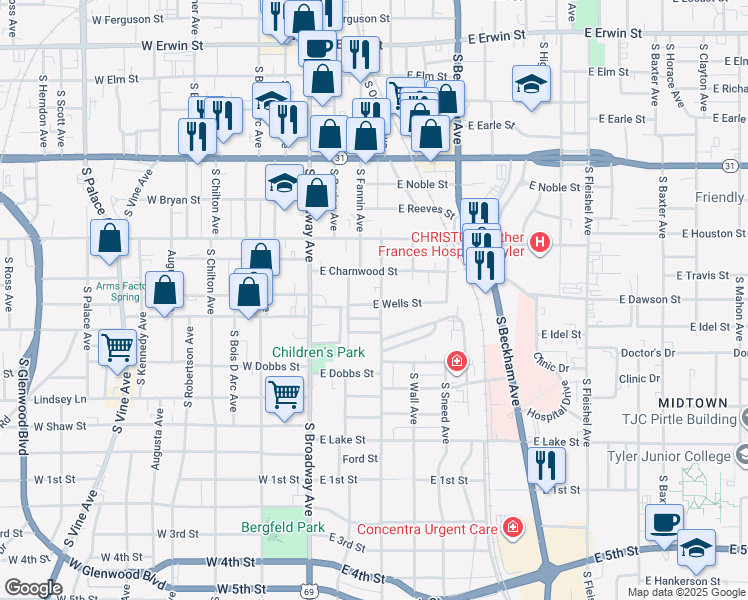 map of restaurants, bars, coffee shops, grocery stores, and more near 727 S Donnybrook Ave in Tyler