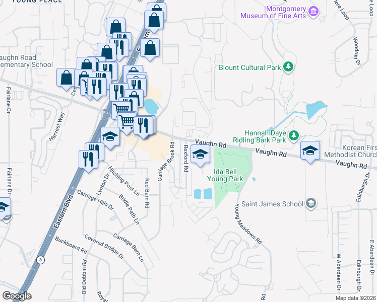 map of restaurants, bars, coffee shops, grocery stores, and more near 2019 Rexford Road in Montgomery