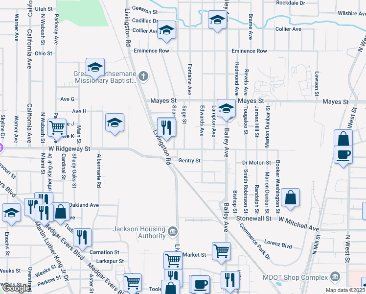 map of restaurants, bars, coffee shops, grocery stores, and more near 1206 West Ridgeway Street in Jackson