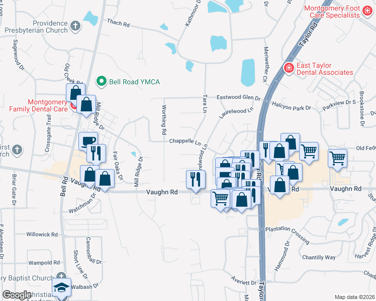 map of restaurants, bars, coffee shops, grocery stores, and more near 6427 Alred Court in Montgomery