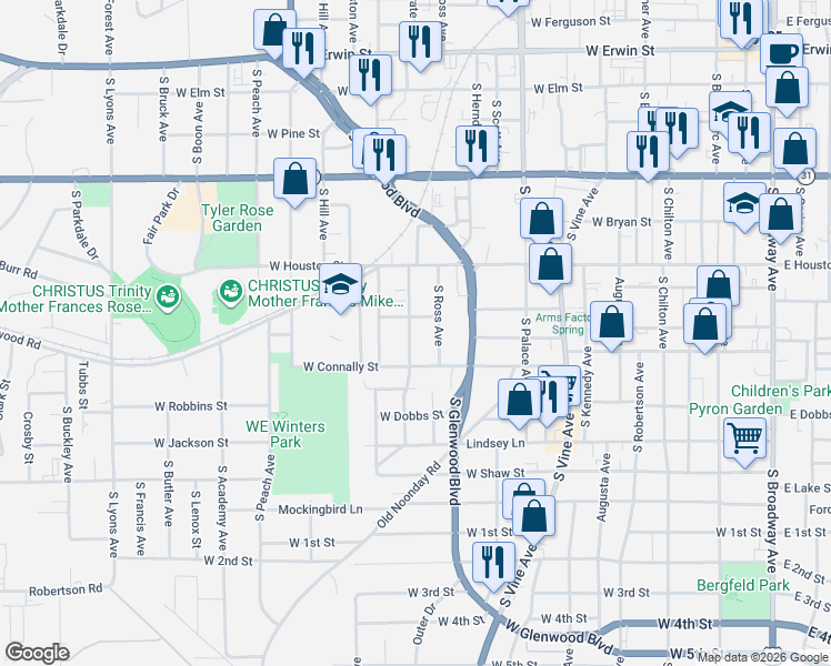 map of restaurants, bars, coffee shops, grocery stores, and more near 718 South Confederate Avenue in Tyler