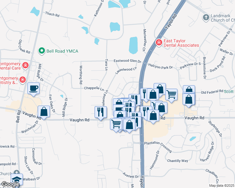 map of restaurants, bars, coffee shops, grocery stores, and more near 8457 Water Oak Ct in Montgomery