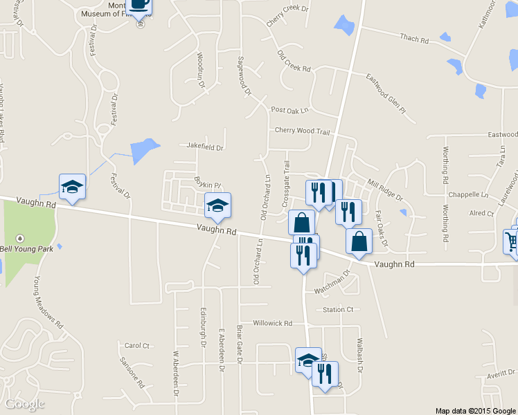 map of restaurants, bars, coffee shops, grocery stores, and more near 2640 Old Orchard Lane in Montgomery