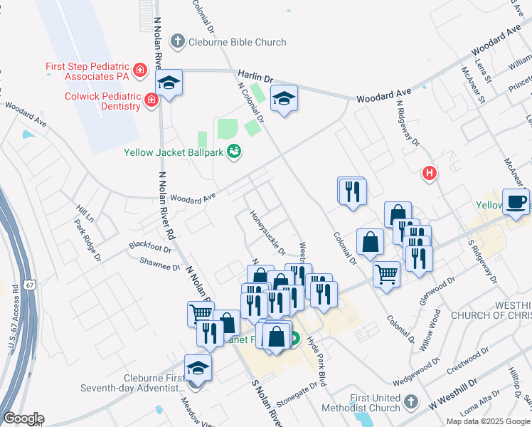 map of restaurants, bars, coffee shops, grocery stores, and more near 1628 Hummingbird Lane in Cleburne