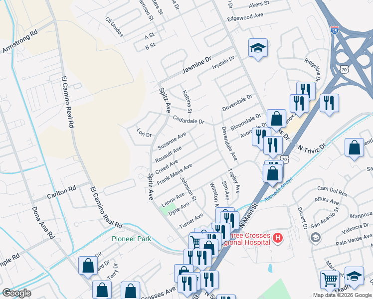 map of restaurants, bars, coffee shops, grocery stores, and more near 765 Creed Avenue in Las Cruces