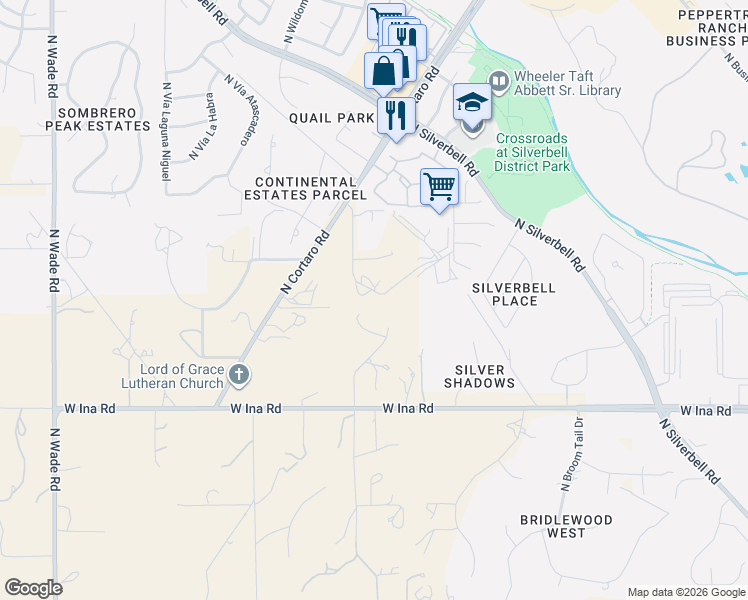 map of restaurants, bars, coffee shops, grocery stores, and more near 7450 North Sunshine Hills Trail in Tucson