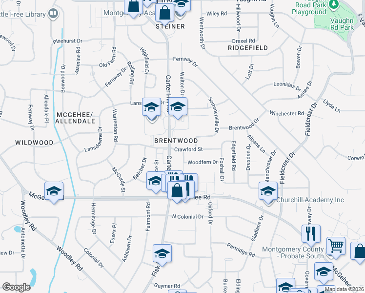 map of restaurants, bars, coffee shops, grocery stores, and more near 3031 Crawford Street in Montgomery