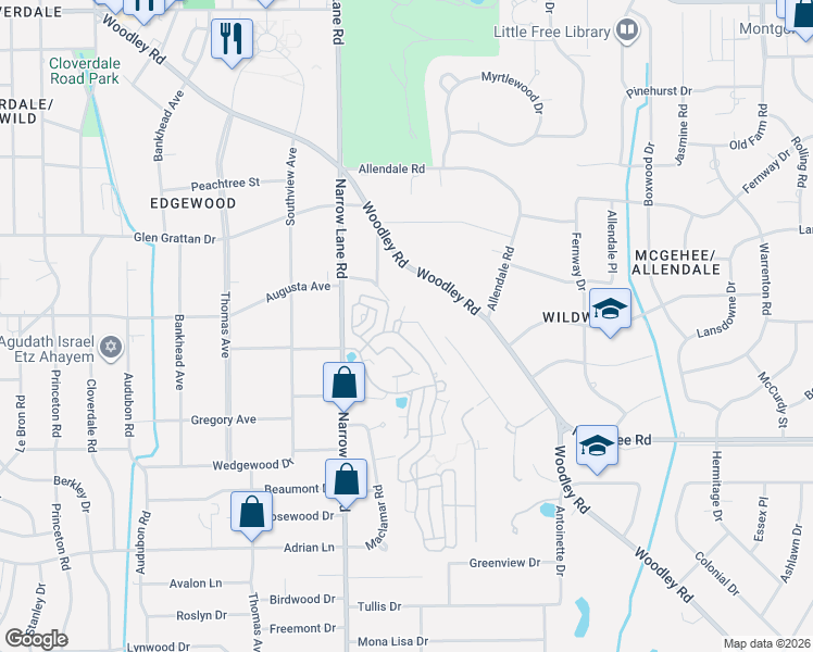 map of restaurants, bars, coffee shops, grocery stores, and more near 3537 Lockwood Lane in Montgomery