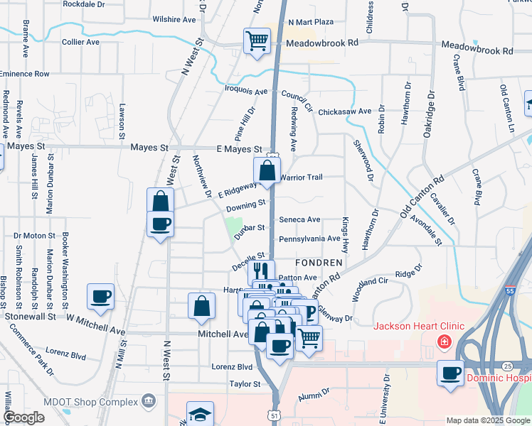 map of restaurants, bars, coffee shops, grocery stores, and more near 3718 North State Street in Jackson