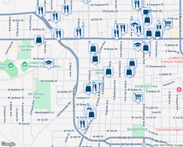 map of restaurants, bars, coffee shops, grocery stores, and more near 718 South Palace Avenue in Tyler