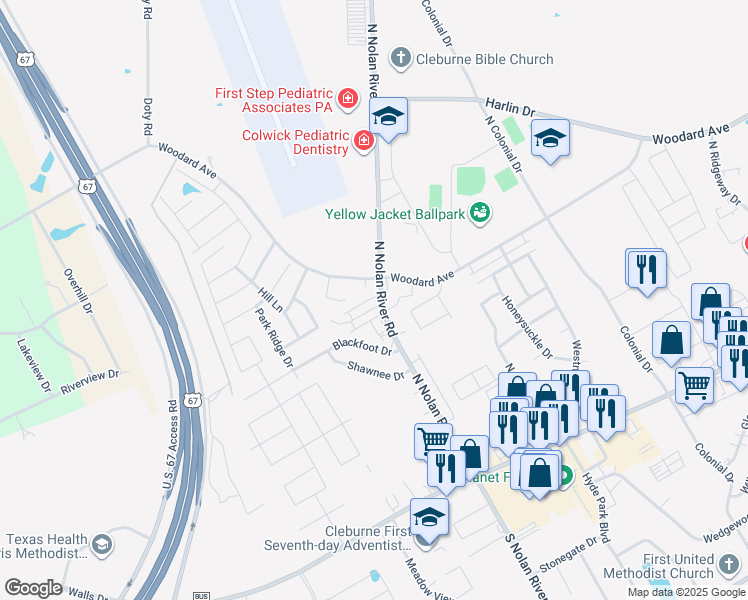 map of restaurants, bars, coffee shops, grocery stores, and more near 704 North Nolan River Road in Cleburne