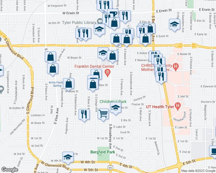 map of restaurants, bars, coffee shops, grocery stores, and more near 723 S Broadway Ave in Tyler