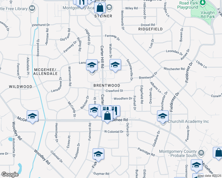 map of restaurants, bars, coffee shops, grocery stores, and more near 3031 Crawford Street in Montgomery