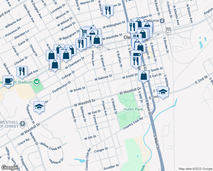 map of restaurants, bars, coffee shops, grocery stores, and more near 504 South Walnut Street in Cleburne