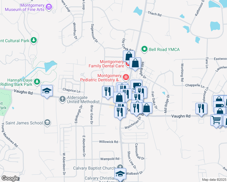 map of restaurants, bars, coffee shops, grocery stores, and more near 2647 Crossgate Trail in Montgomery