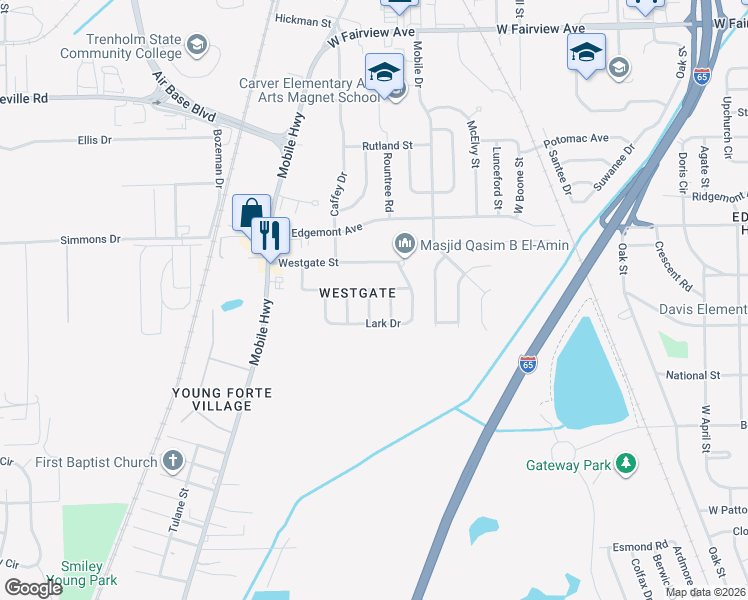 map of restaurants, bars, coffee shops, grocery stores, and more near 3407 Dennis Avenue in Montgomery