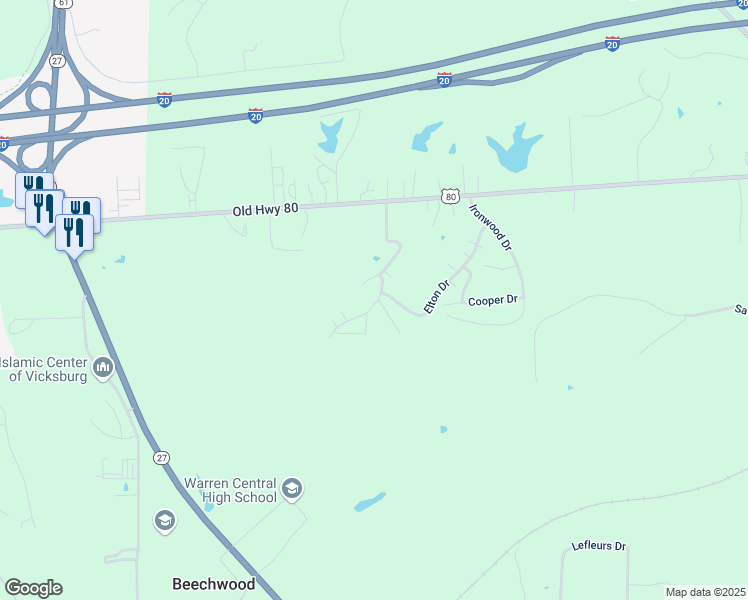 map of restaurants, bars, coffee shops, grocery stores, and more near 306 Rancho Road in Vicksburg