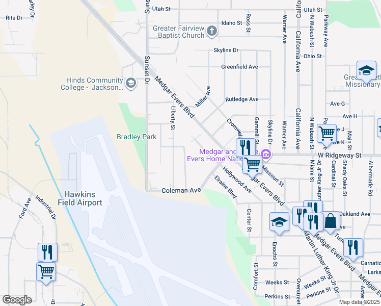 map of restaurants, bars, coffee shops, grocery stores, and more near 160 Bindura Court in Jackson