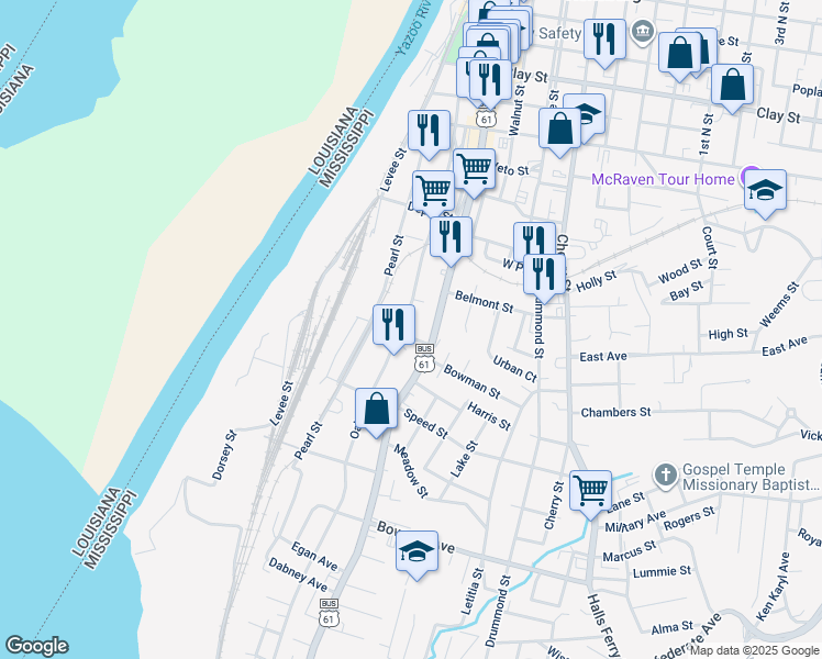 map of restaurants, bars, coffee shops, grocery stores, and more near 601 Klein Street in Vicksburg