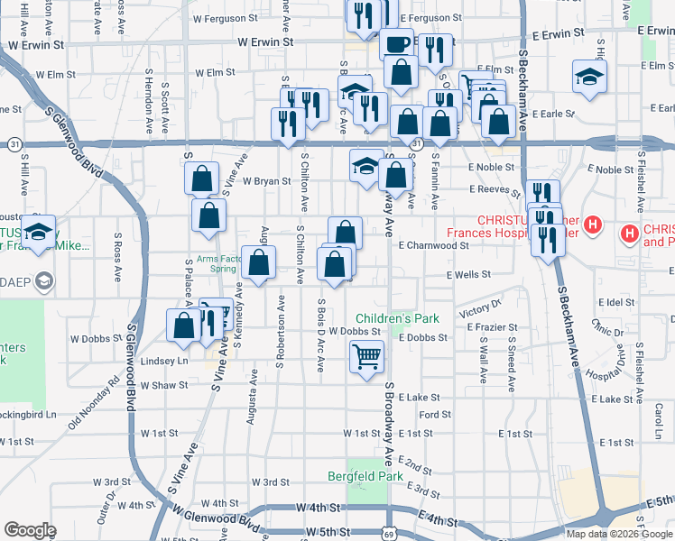 map of restaurants, bars, coffee shops, grocery stores, and more near 722 South Bois D Arc Avenue in Tyler