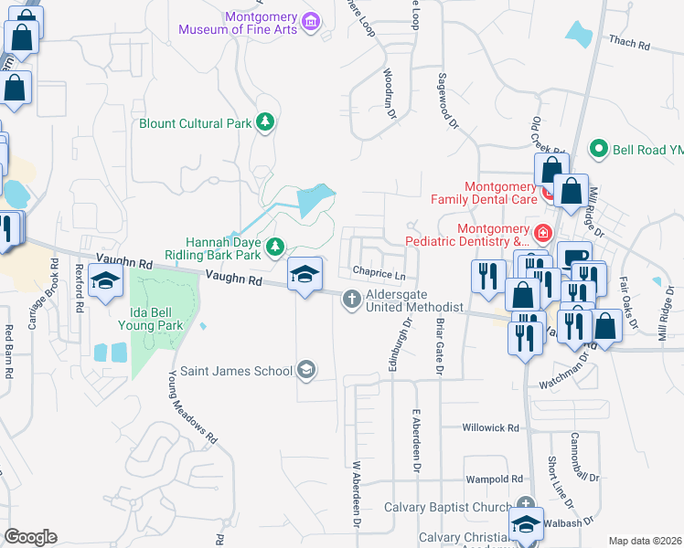 map of restaurants, bars, coffee shops, grocery stores, and more near 6508 Chaprice Lane in Montgomery